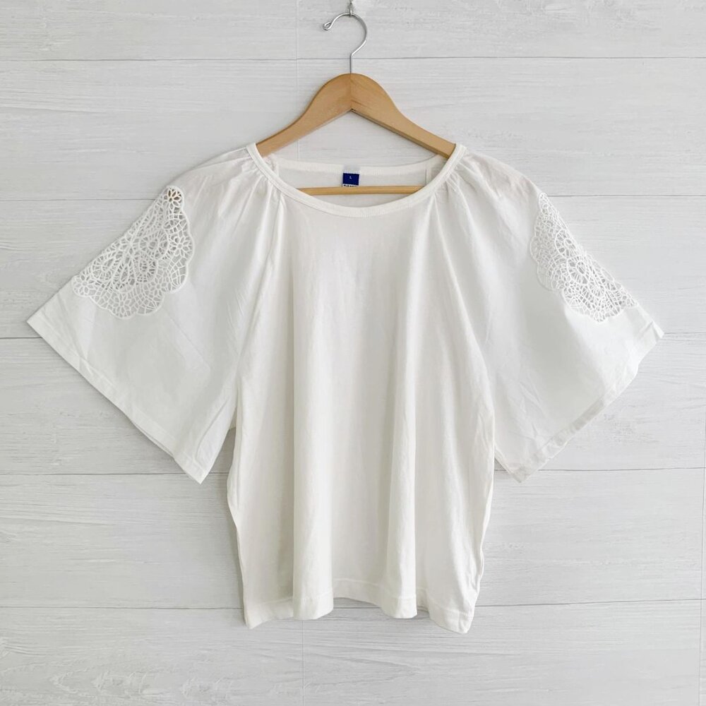 NWT Old Navy - Ivory knit & cotton top wide short sleeves lace, L